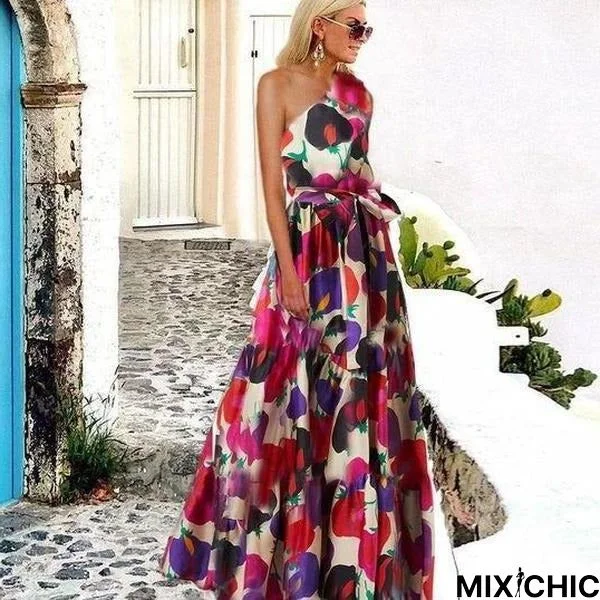 Elegant One Shoulder Sleeveless Printed Maxi Dress