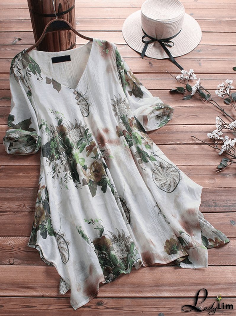 Women's Floral Printed Asymmetric Hem Blouse - Loose Fit, Retro Style