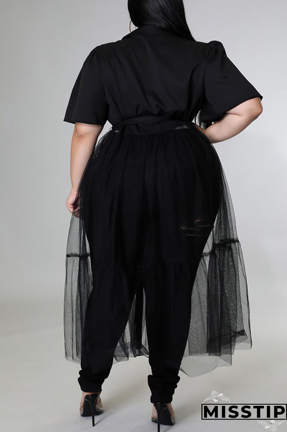 Black Casual Solid Patchwork Buckle Turndown Collar Plus Size Dresses