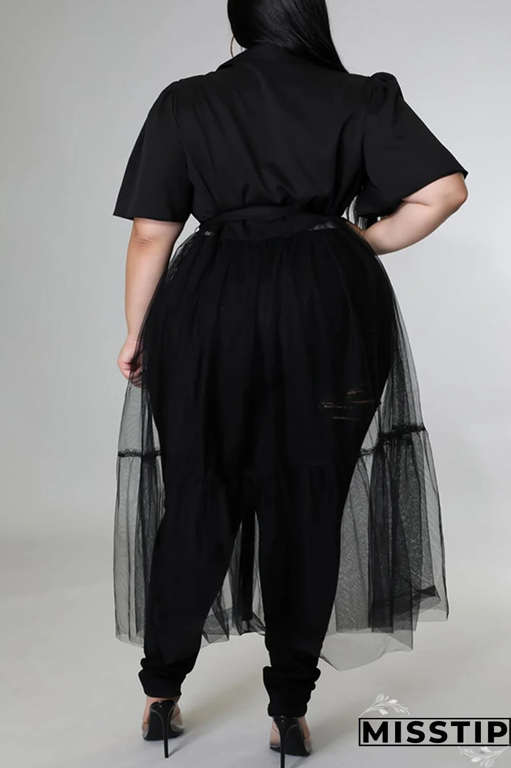 Black Casual Solid Patchwork Buckle Turndown Collar Plus Size Dresses