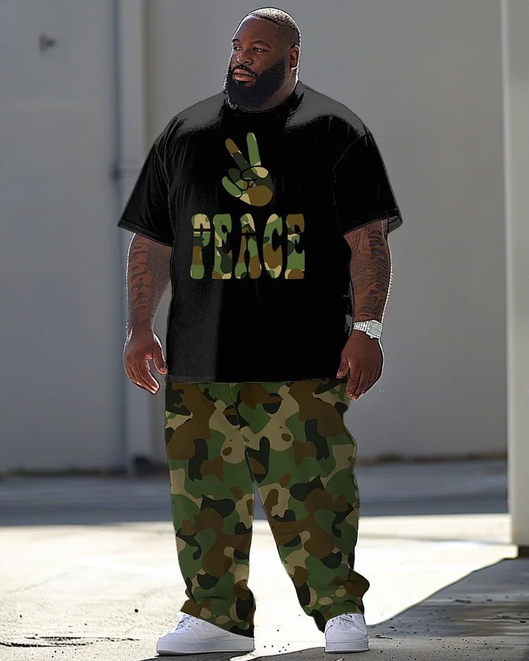 Men's Plus Size Casual Peace Gesture Camouflage Alphabet Print T-Shirt Trousers Suit