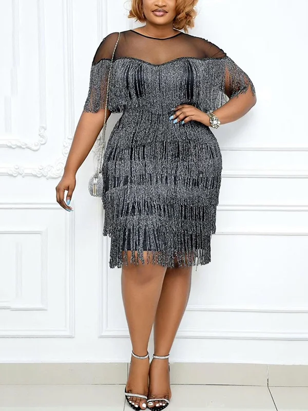 Round-Neck Short Sleeve Loose Sequined Tasseled Mesh Midi Dress