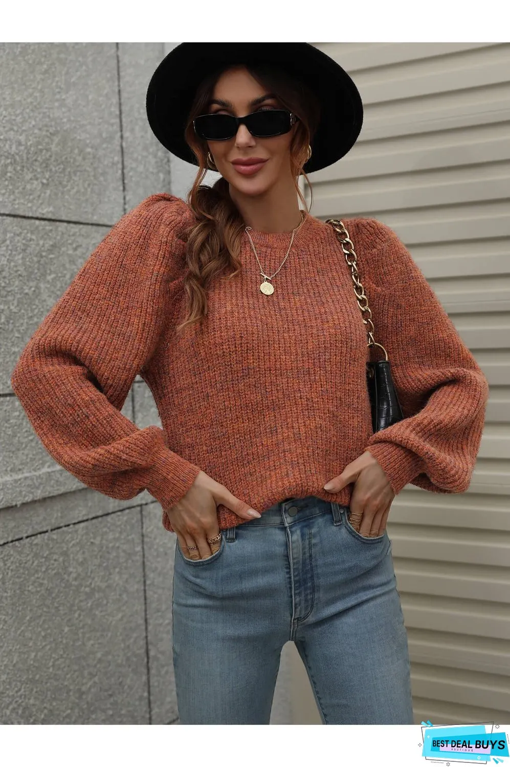 Heathered Long Lantern Sleeve Rib-Knit Sweater