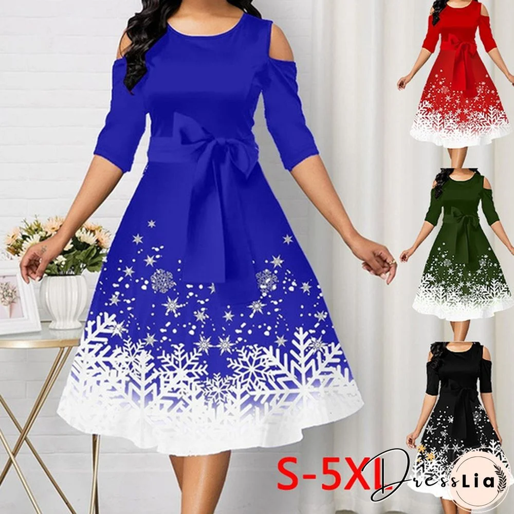 Women Fashion Belted Snowflake Print Christmas Dress Cold Shoulder Round Neck Party Dress Plus Size A-Line Dresses