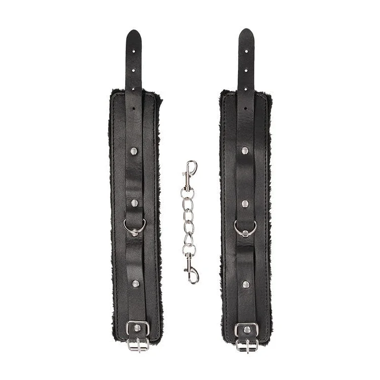 pornhint Pornhint Ouch! Black & White Bonded Leather Collar With Hand Cuffs With Adjustable Straps And Chain Black