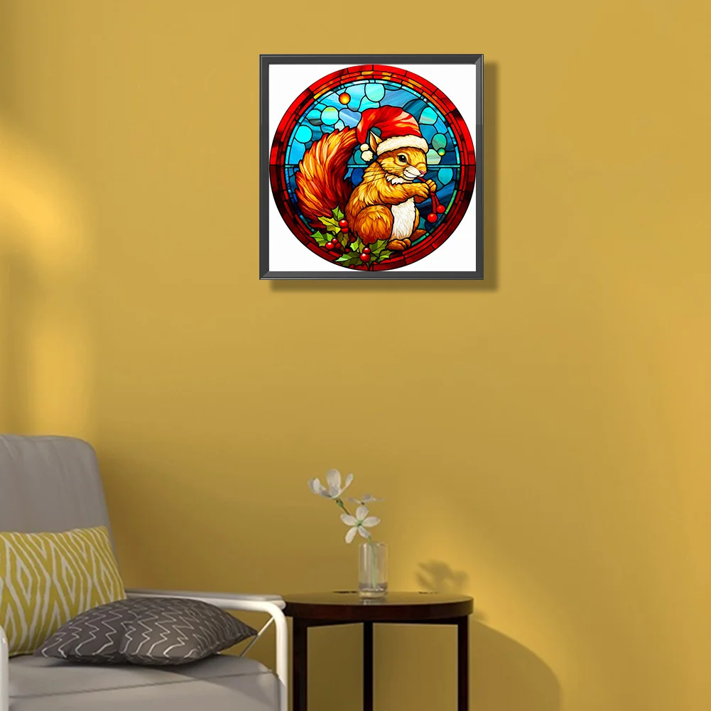 Diamond Painting - Full Round Drill - Stained Glass Xmas Squirrel(Canvas|40*40cm)