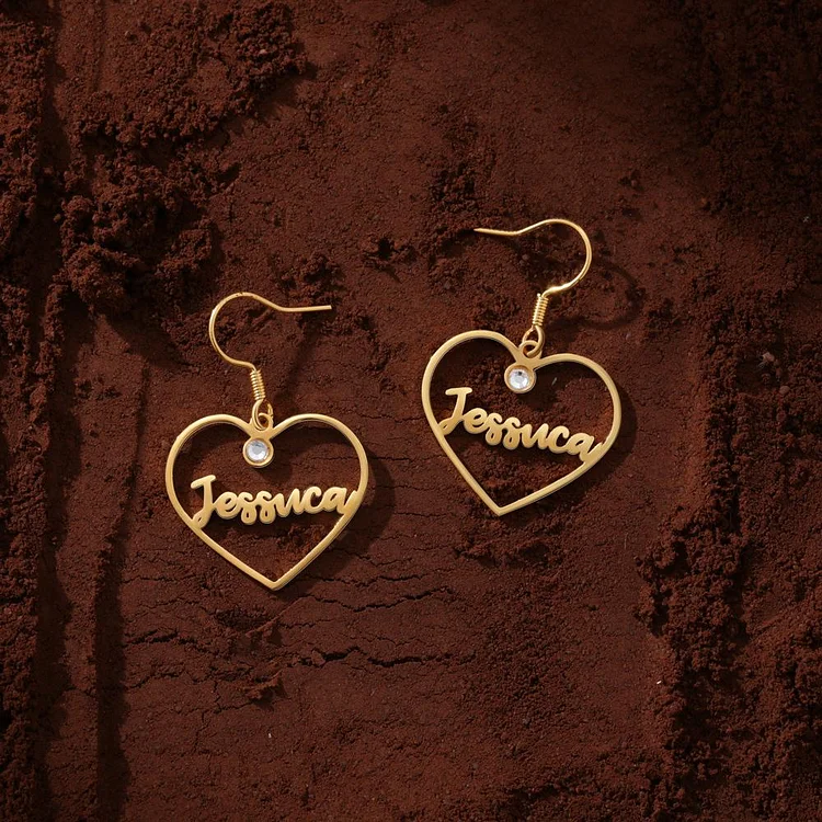 Heart Personalized Name Earrings Custom Drop Earrings With Birthstone