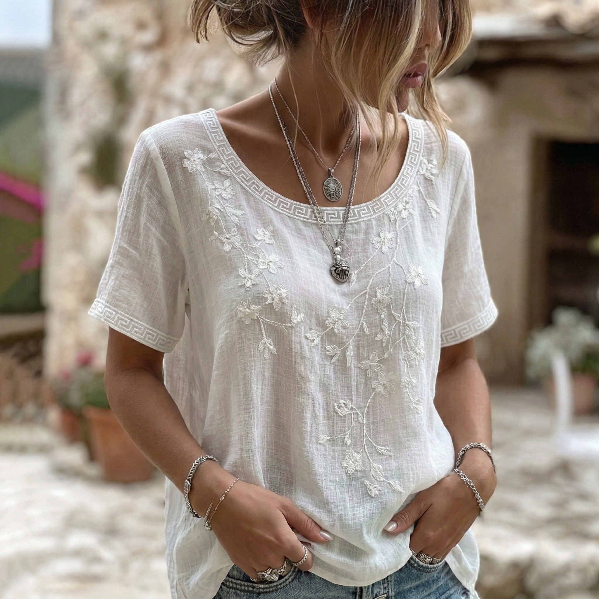 Women's Floral Pattern Linen Blend Crew Neck Short Sleeve T-shirt elevenforest
