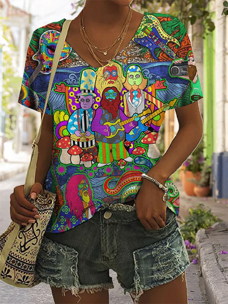 Hippie Music Electric Guitar Art V Neck T Shirt