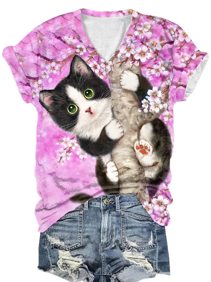 Women's Sakura Cat V-Neck T-Shirt