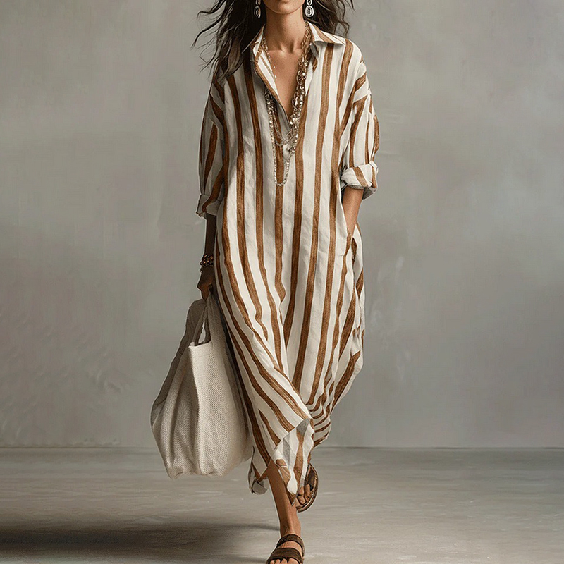 Comstylish Women's Casual Striped Cotton Linen Maxi Shirt Dress