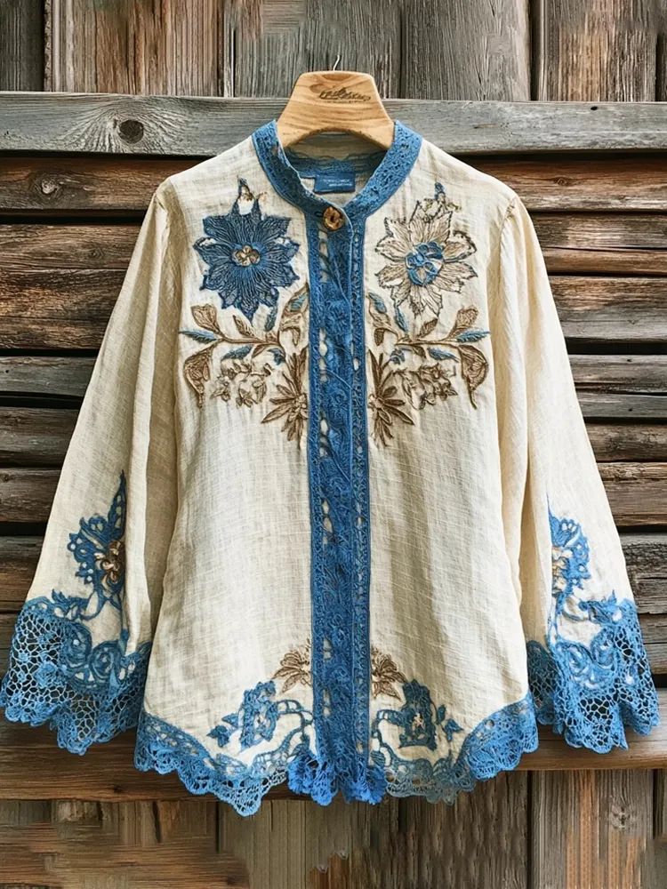 Vintage Floral Embroidery Lace Patchwork Women's Linen Shirt