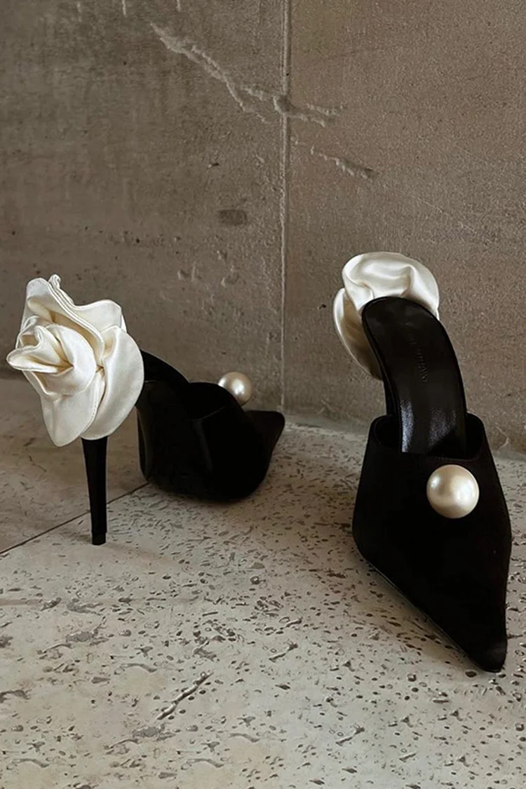 3D Flower Pearl Decor Pointy Toe Stiletto Heels-Black