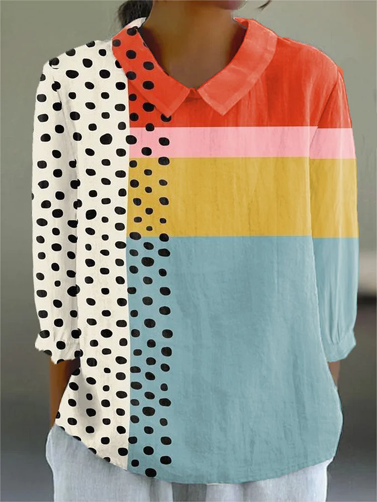 Women's Vintage Abstract Geometry Art Print Casual Cotton And Linen 3/4 Sleeve Shirt