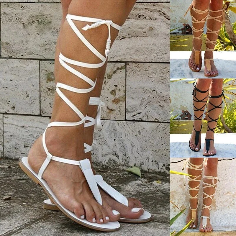 2021Summer Women Trendy Sandals Ladies Casual Shoes Fashion Female Flop Flips Sandals Beach Solid Cross-tied Shoes Flat Sandals