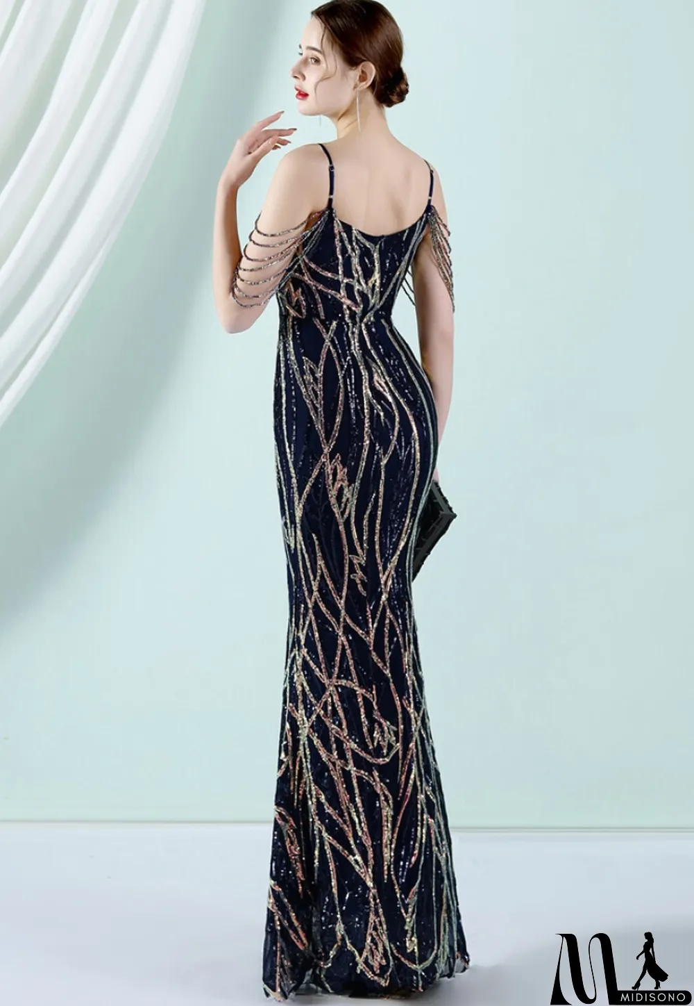 MidiSono - Women Summer Blue Vintage Strap Sleeveless Striped Print Metallic Beading Mermaid Evening Dress