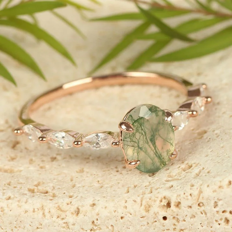 Olivenorma Women Solitaire Oval Moss Agate Ring