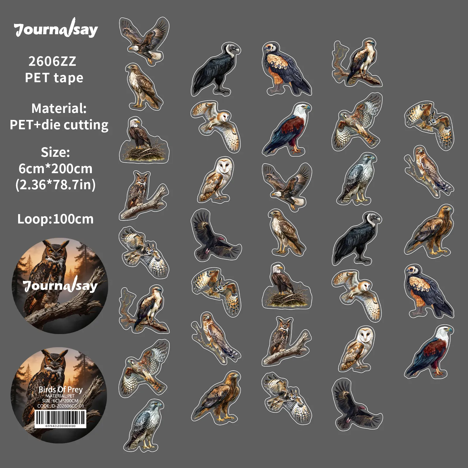 PET 테이프 - 60mm*200cm 빈티지 올빼미 독수리 동물 디자인