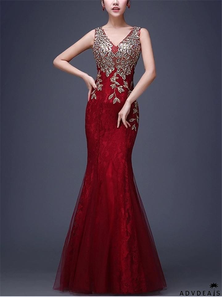 Sexy V Neck Trumpet Mermaid Sleeveless Lace Dress For Prom