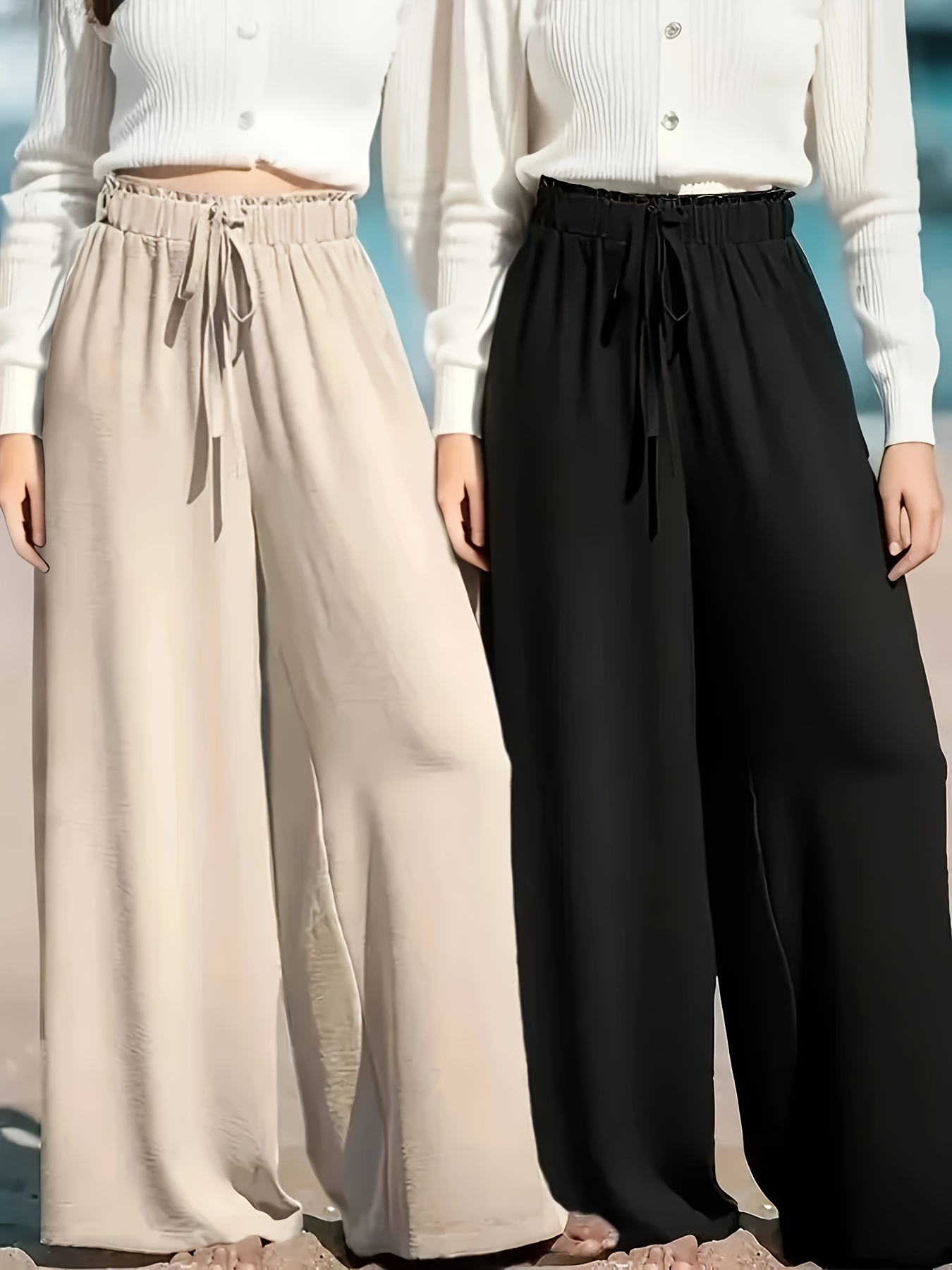 Womens High-Waist Wide Leg Pants Breathable Comfortable Two-Piece Set Beige And Black | IFYHOME