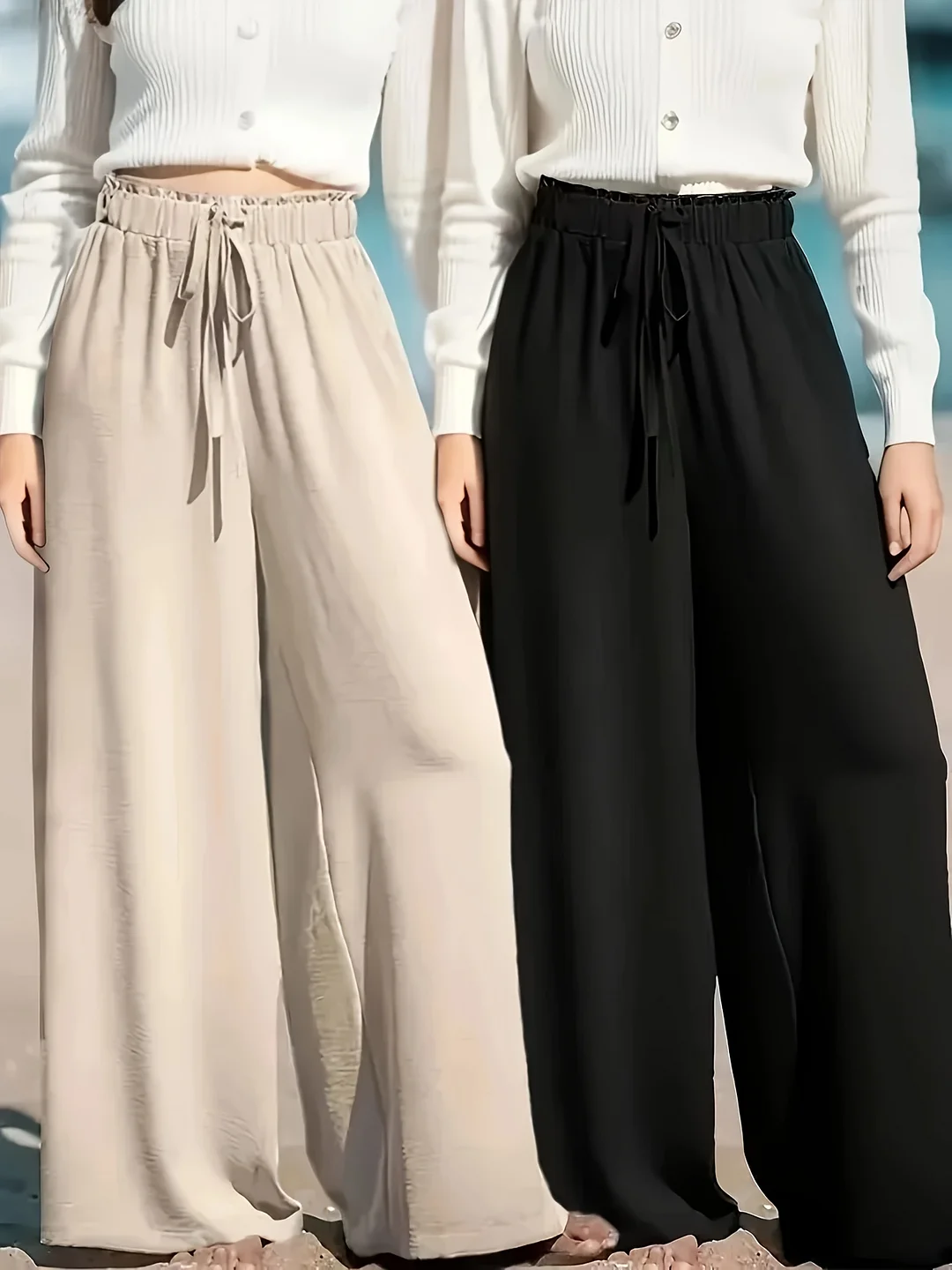 Women's High-Waist Wide Leg Pants - Breathable & Comfortable Two-Piece Set In Beige And Black, Elastic Waistband With Fake Drawstring, Perfect For Casual All-Season Wear, Lounge Pants | Trendy Women's Pants | Comfortable Fit Pant | IFYHOME
