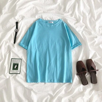 Summer Tee Shirt Solid Color Basic T-Shirt Women Casual O-neck Harajuku Top Korean Hipster Cotton Basic Tshirt