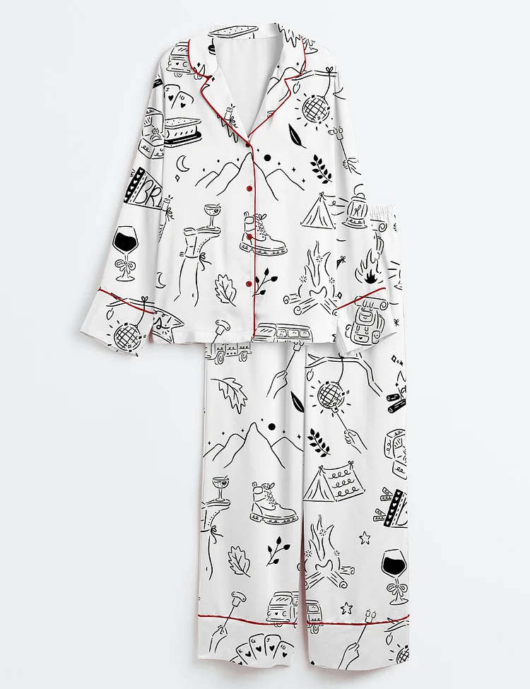 Women&rsquo;s Camp Bachelorette Hand Drawn Mountain Hiking Glamping Girls Trip Print Long Sleeve Satin Pajama Set