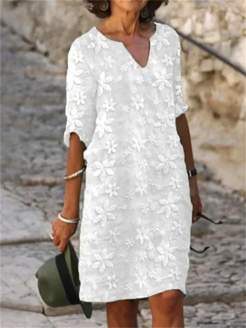 Women plus size clothing Plain Cotton V Neck Dress-Nordswear