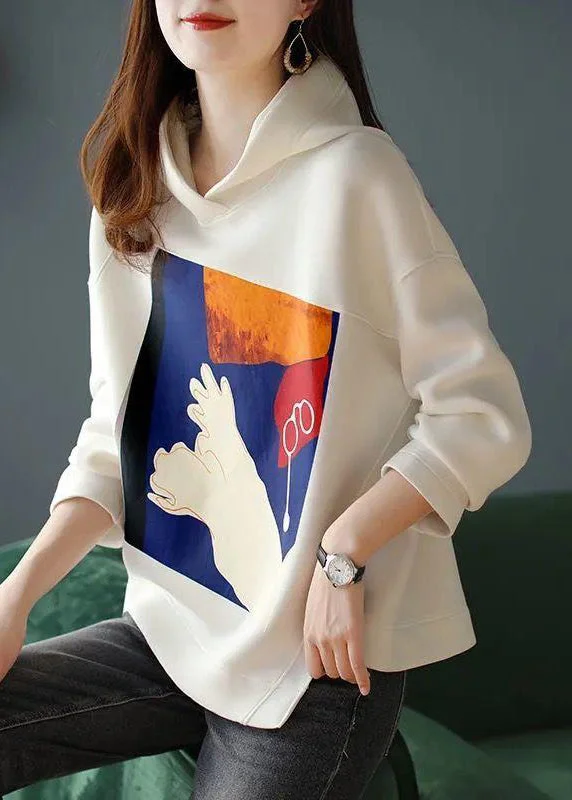 Loose White Hooded Print Patchwork Cotton Sweatshirt Fall