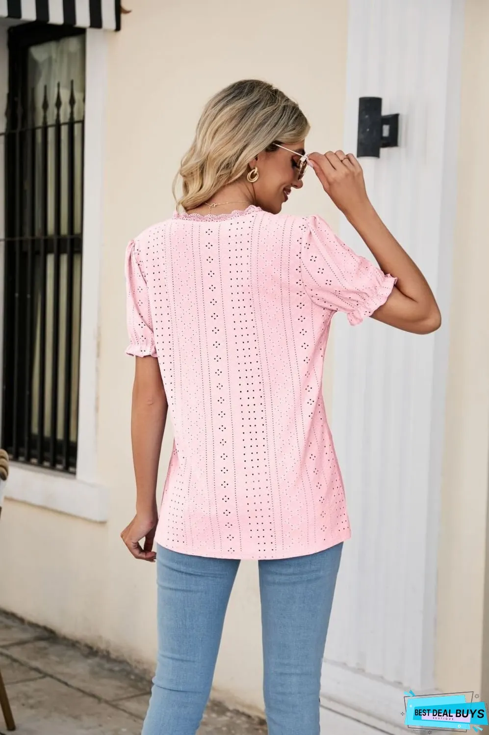 Eyelet Flounce Sleeve Scalloped V-Neck Top