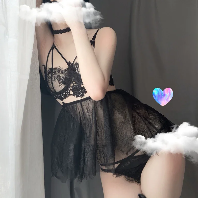 Billionm OJBK Sexy Lingerie Female Black Red Flower Lace Perspective Temptation Sling Nightgown Sleepwear Robes  onepiece Dress For Women