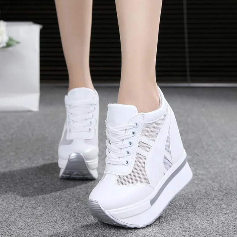 NEW Brand Women Mesh Platform Sneakers Trainers White Shoes 10CM High Heels Wedges Outdoor Shoes Breathable Casual Shoes Woman