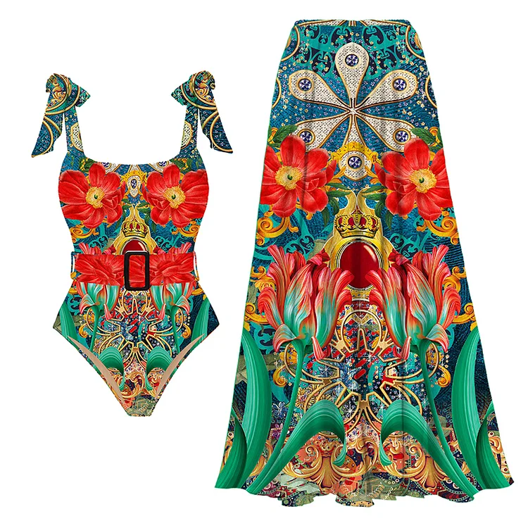 Printed Bowknot Shoulder One Piece Swimsuit and Skirt
