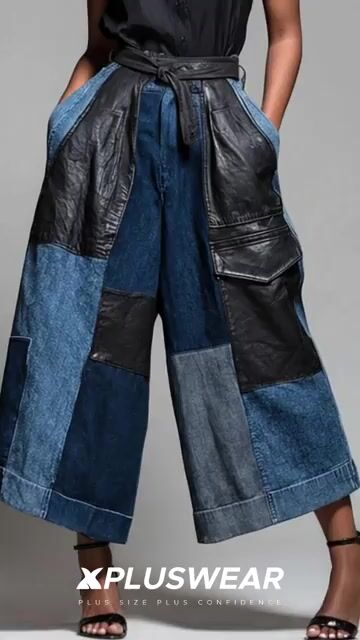 Xpluswear Design Plus Size Daily PU Leather Blue Contrast Pocket Denim Pants 2024 - Xpluswear