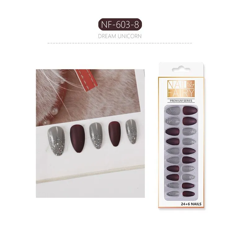 Fake Nails with Glue Metal Color False Nail Art Tips Press on Coffin Stick Designs Clear Set Full Cover Artificial Short Kiss-Nail Inspo