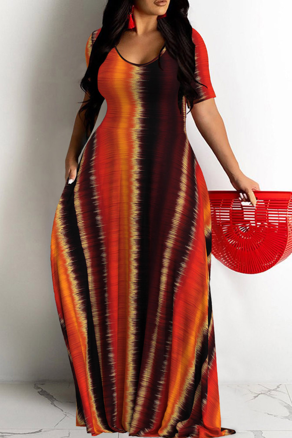 Plus Size Casual Multicolor Round Neck Short Sleeve Pocket Maxi Dress [Pre-Order]