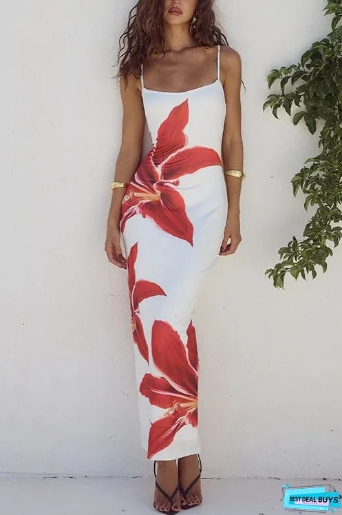 Meridress Spaghetti Strap Back Slit Lily Print Bodycon Maxi Dress