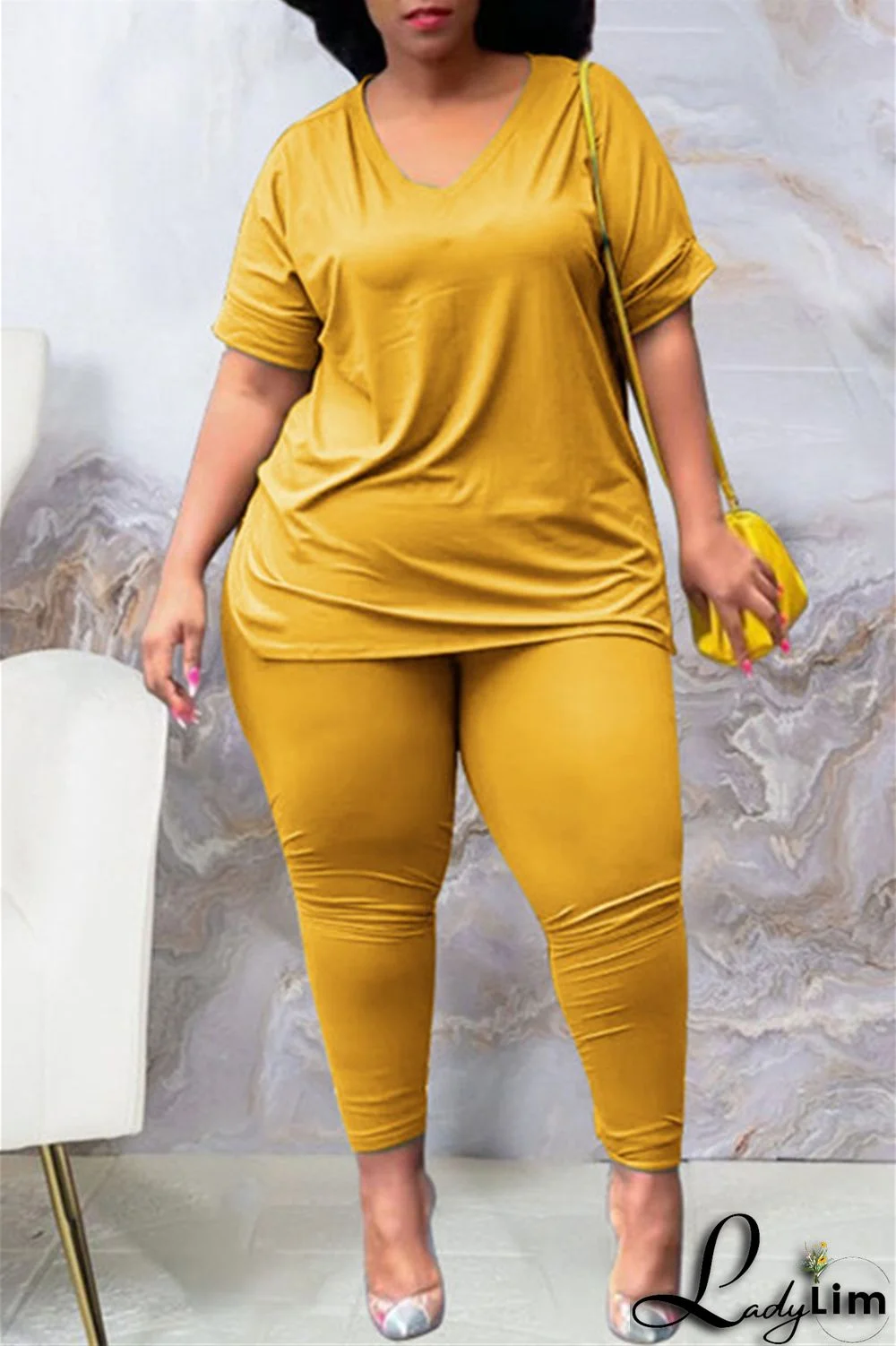 Tibetan Blue Fashion Casual Solid Slit V Neck Plus Size Two Pieces