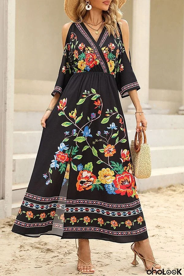 Bohemian College Floral Slit V Neck A Line Dresses