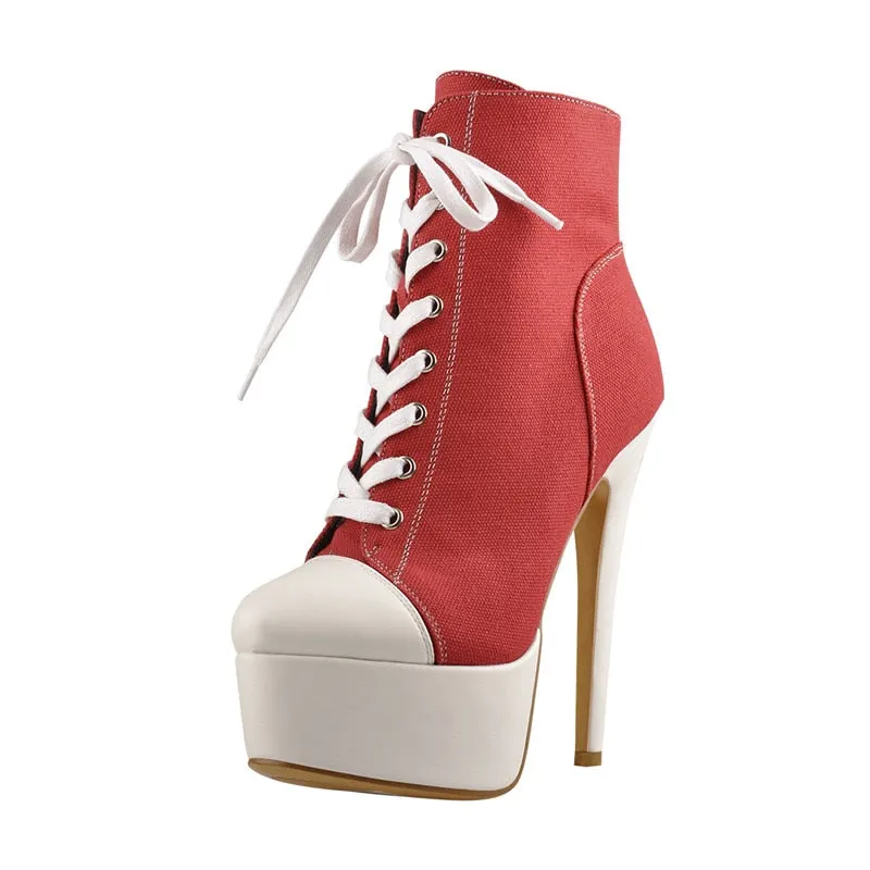 Onlymaker Women's Canvas Platform Lace Up Ankle Boots16cm High Heel Side Zipper Plus Size Fashion Sexy Stiletto Booties