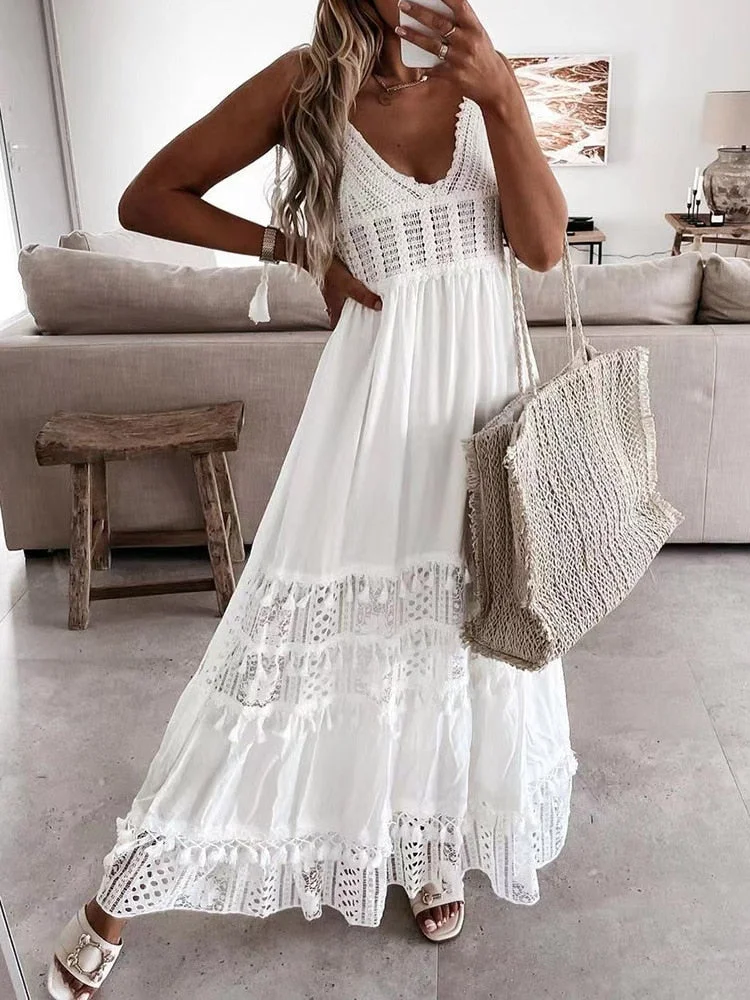 2022 Casual Summer Lace Slim Dress Sexy Women V Neck Hollow Out Party Dress Elegant Lady Solid White Streetwear Buttons Dresses