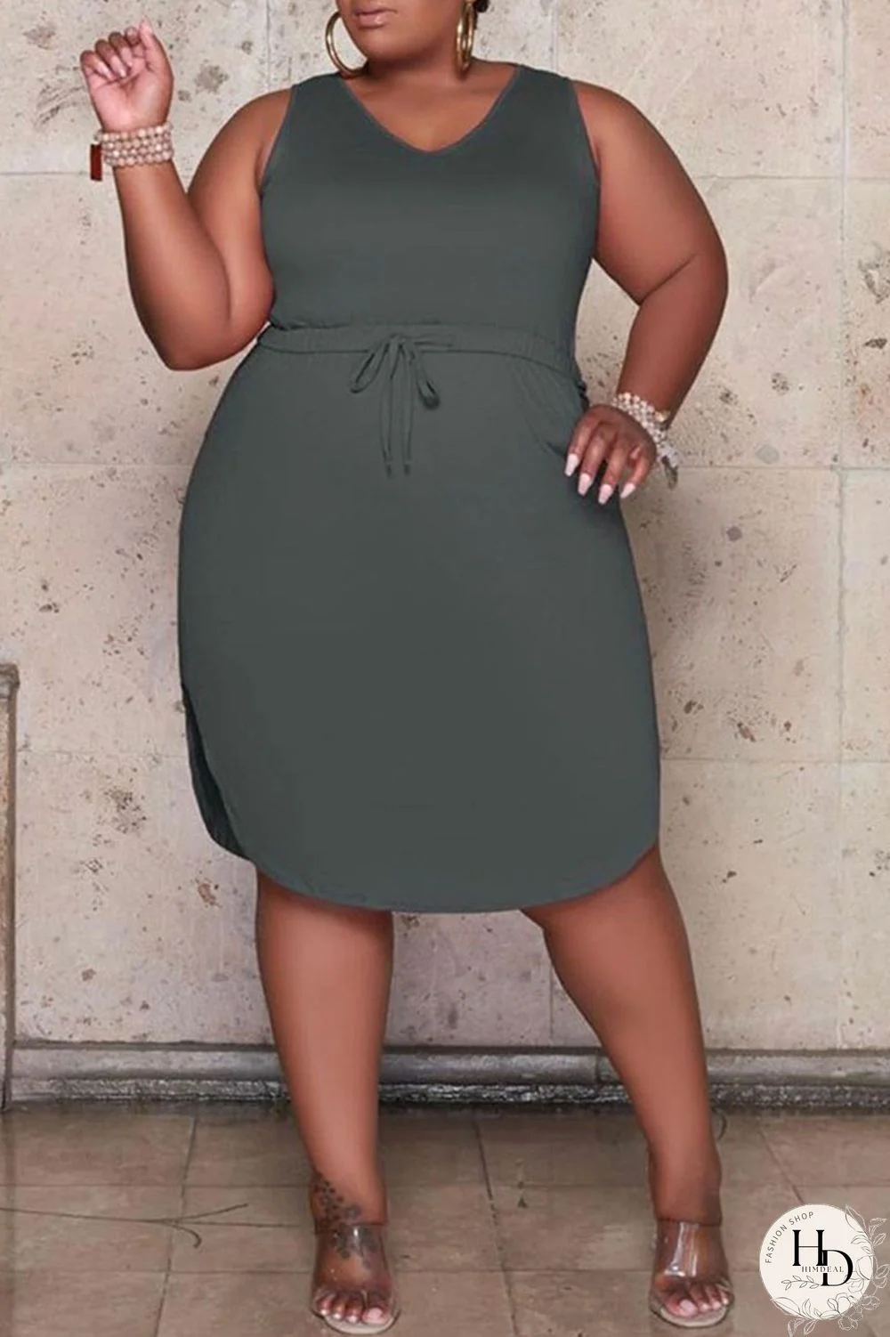 Green Casual Solid Bandage Draw String Spaghetti Strap Straight Plus Size Dresses