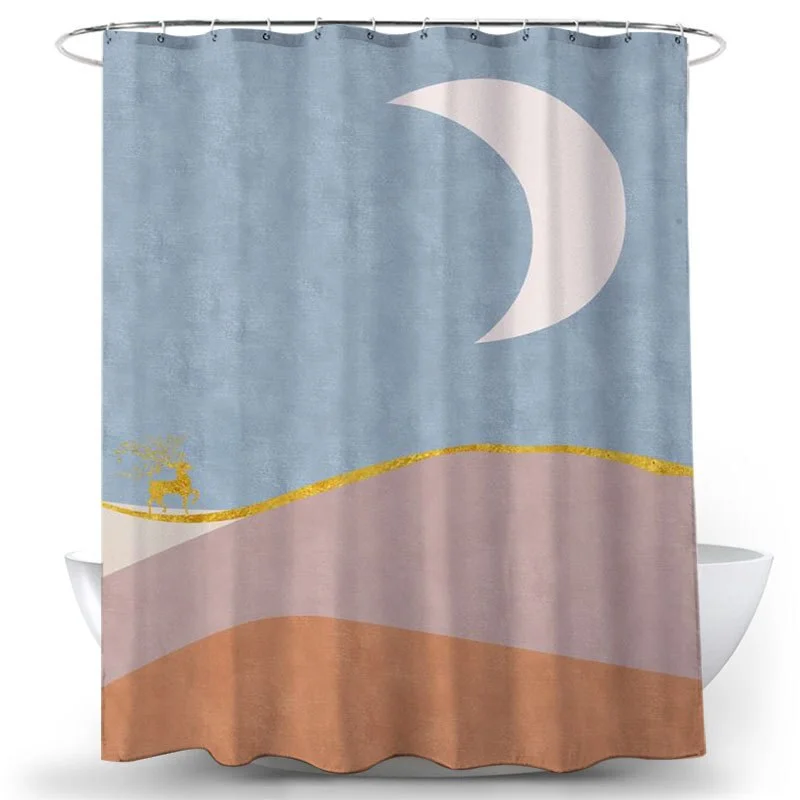 Boho Stars and Moon Washable Shower Curtain Mountain Frabic Waterproof Polyester Bathroom Decor Sets with Hooks