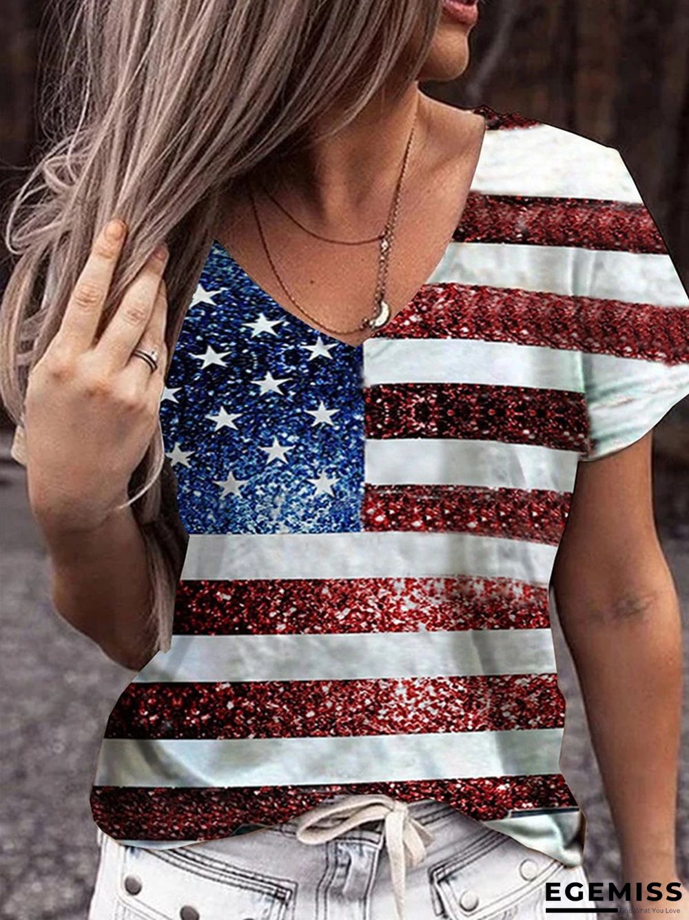 Blue Fashion Casual Print Patchwork V Neck Tops | EGEMISS