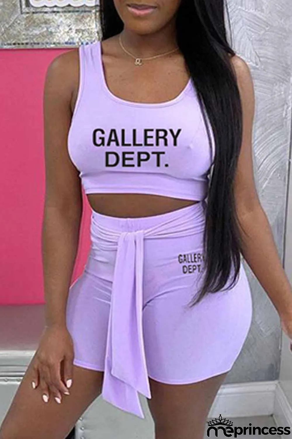 Light Purple Sportswear Print Letter U Neck Sleeveless Two Pieces