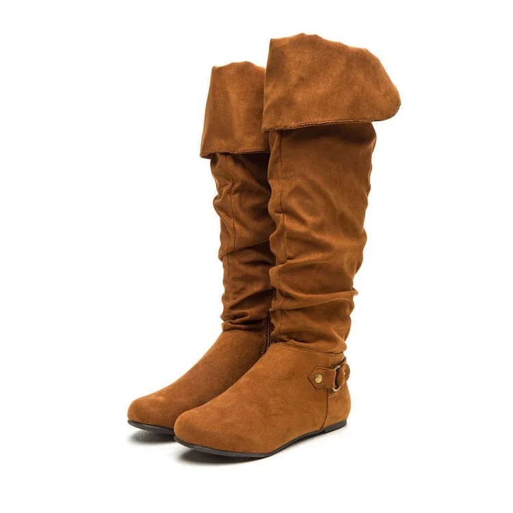 Chestnut Vegan Suede Round Toe Flats Slouch Boots Knee High Long Boots |FSJ Shoes