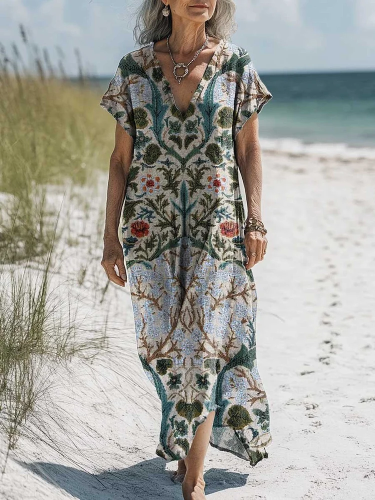 Women's Vintage Lovely Floral Art Print Pocket Cotton Dress