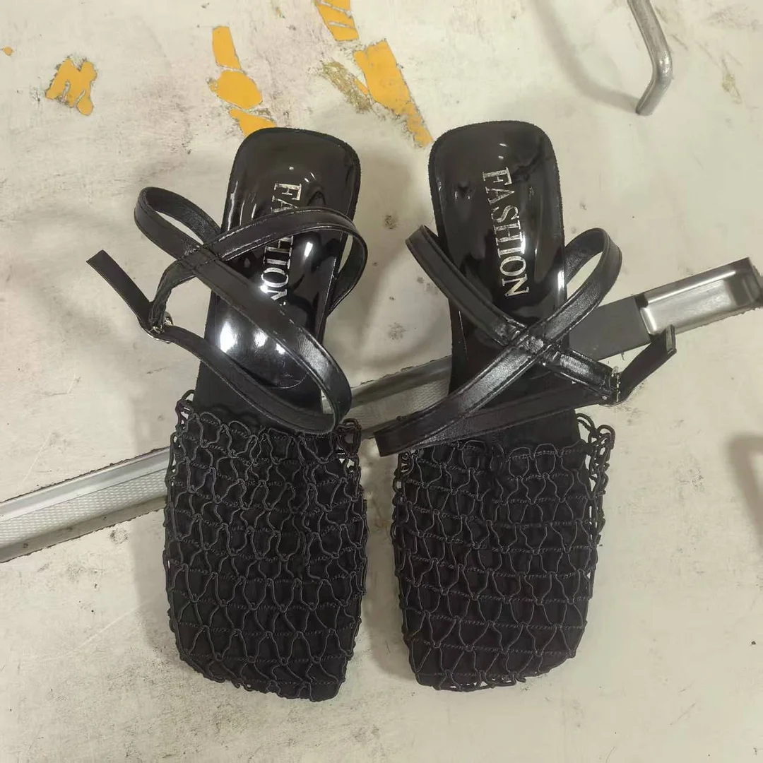 Yyvonne Fashion Retro Weaving Emptiness Square Head Coarse Heel Casual High-Heeled Women's Sandals In The Summer Of 2025