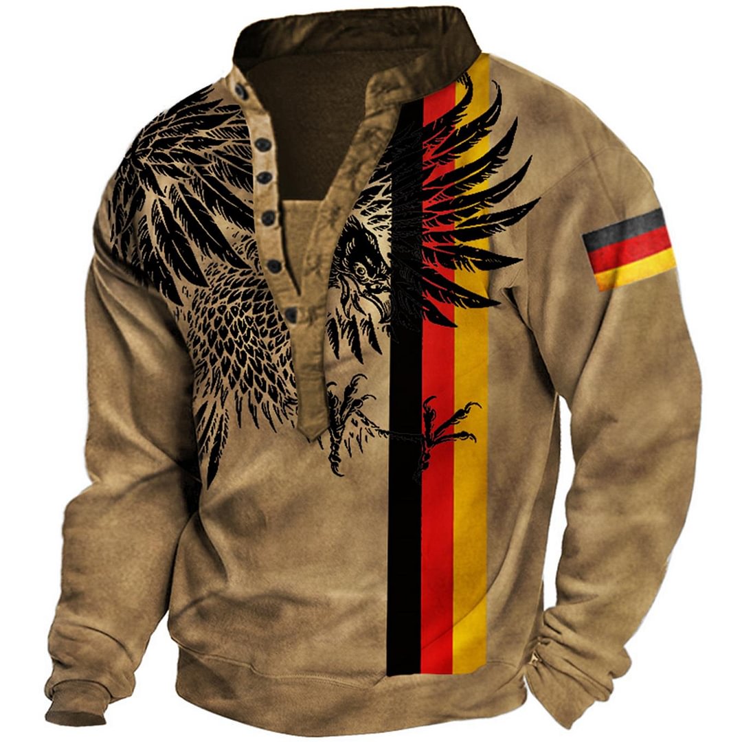 Men's Retro Eagle Print V Neck Long Sleeve Henny Shirt