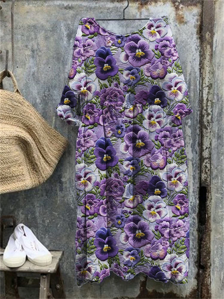 VChics Pansy Floral Embroidery Pattern Oversize Maxi Dress
